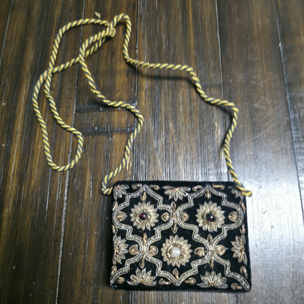 VTG Velvet Zardozi Clutch Purse Black Gold Embroidered Crossbody Evening Bag